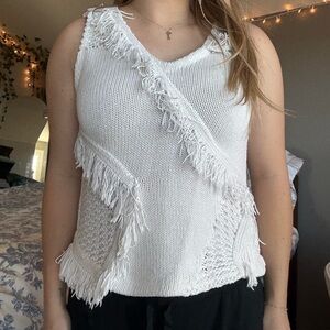 Anthropologie Cream Open-Knit Fringe Trim Tank